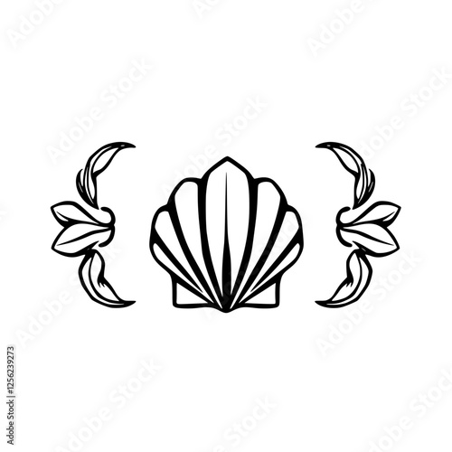 Minimalist Illustration: Black and White Shell with Foliage Accents and Clamshell Symmetry.