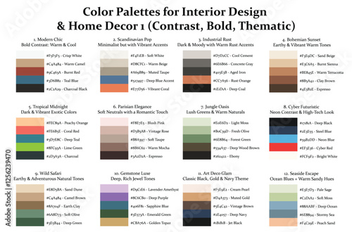 12 Color Palettes Collection 1 for Interior Design and Home Decor, Color Schemes with Hex Codes and Names, Color Swatches and Combinations, Vector Illustration