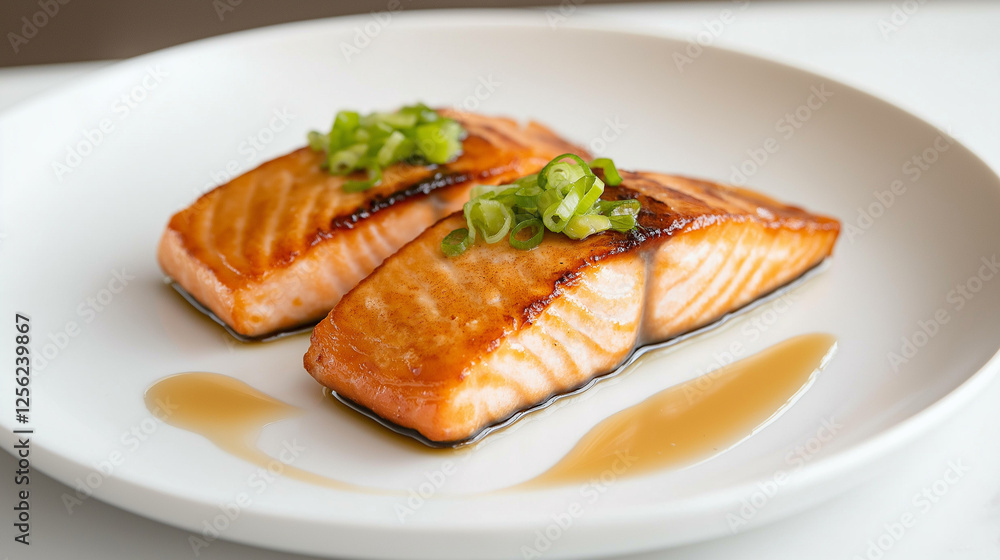 Freshly grilled salmon filets with a caramelized golden crust, placed on a modern light ceramic plate. Freshly grilled salmon filets with a caramelized golden crust, placed on a modern light ceramic plate.