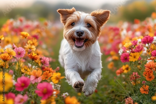 A cheerful dog happily running through a vibrant field of flowers, radiating joy and playfulness in a sunny outdoor setting. photo