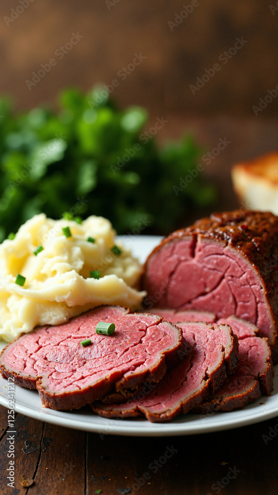 Corned Beef and Mashed Potatoes: Hearty Comfort Food for St. Patrick's Day Menus, Restaurant Ads, and Culinary Magazines Corned Beef and Mashed Potatoes: Hearty Comfort Food for St. Patrick's Day Menus, Restaurant Ads, and Culinary Magazines