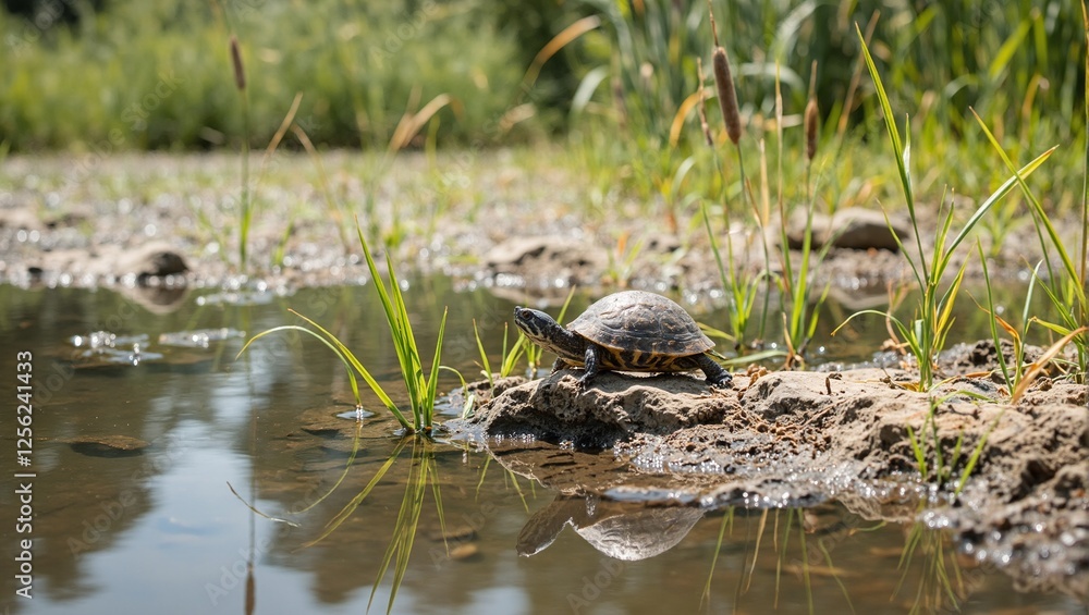 Baby turtle exploring a sunlit rock by a peaceful pond surrounded by swaying cattails Natures serenity captured in an image Baby turtle exploring a sunlit rock by a peaceful pond surrounded by swaying cattails Natures serenity captured in an image