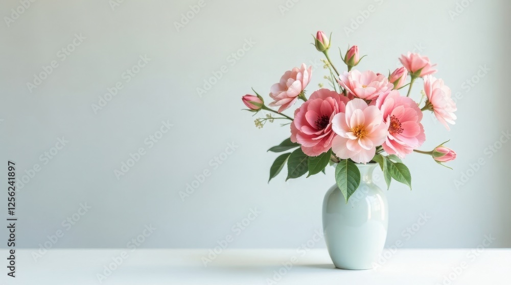 A Delicate Bouquet of Pink Roses in a Light Blue Vase, Gracefully Arranged on a Pristine White Surface Against a Soft, Neutral Background A Delicate Bouquet of Pink Roses in a Light Blue Vase, Gracefully Arranged on a Pristine White Surface Against a Soft, Neutral Background