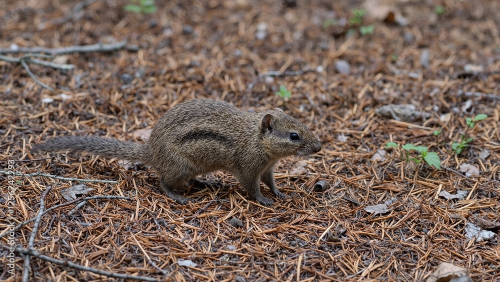 Capture the elusive charm of nature with this image of a swift shrew dashing through a woodland landscape of pine needles and autumn leaves Capture the elusive charm of nature with this image of a swift shrew dashing through a woodland landscape of pine needles and autumn leaves