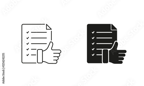 Check, Approve Agreement Line and Silhouette Icon Set. Confirmation, Customer Feedback Symbol. Thumb Up And Paper Document Pictogram. Editable Stroke. Isolated Vector Illustration