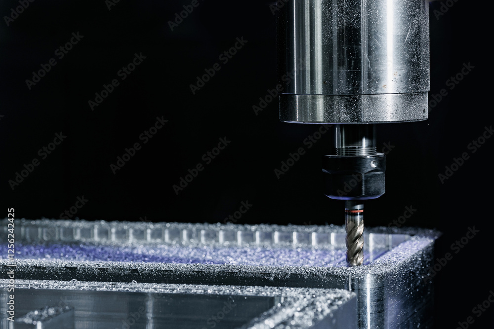 Closeup CNC milling machine during operation with engine turbine housing. Produced cutting metal parts industry car factory Closeup CNC milling machine during operation with engine turbine housing. Produced cutting metal parts industry car factory