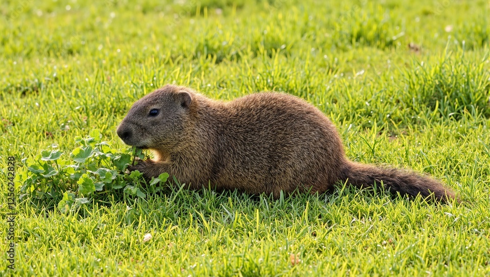 Fototapeta premium Curious groundhog in grassy clearing nibbling on clover bathed in warm summer morning light