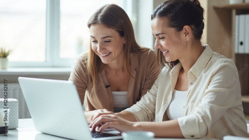 Two Women Smiling and Collaborating on a Laptop in a Bright Workspace, Looking at the Camera With Joy. Concept of Coworking Space, Collaboration, Team Building Two Women Smiling and Collaborating on a Laptop in a Bright Workspace, Looking at the Camera With Joy. Concept of Coworking Space, Collaboration, Team Building