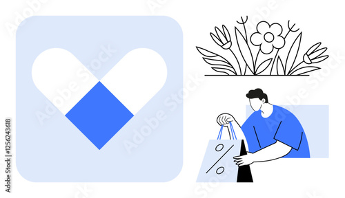 Man holding shopping bags with discount symbol, white and blue heart, flower bed with leaves. Ideal for retail, e-commerce, health, lifestyle, love nature seasonal promotions. Line metaphor