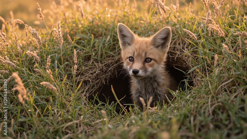 Obraz premium Adorable baby fox kit exploring outside den at sunset with golden light and wild grass