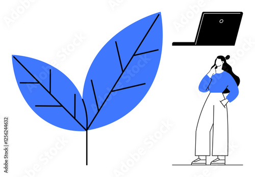 Woman contemplating next to a blue leaf, computer above her. Ideal for themes sustainability, work-life balance, contemplation, digital detox, remote work, nature integration mindfulness. Abstract