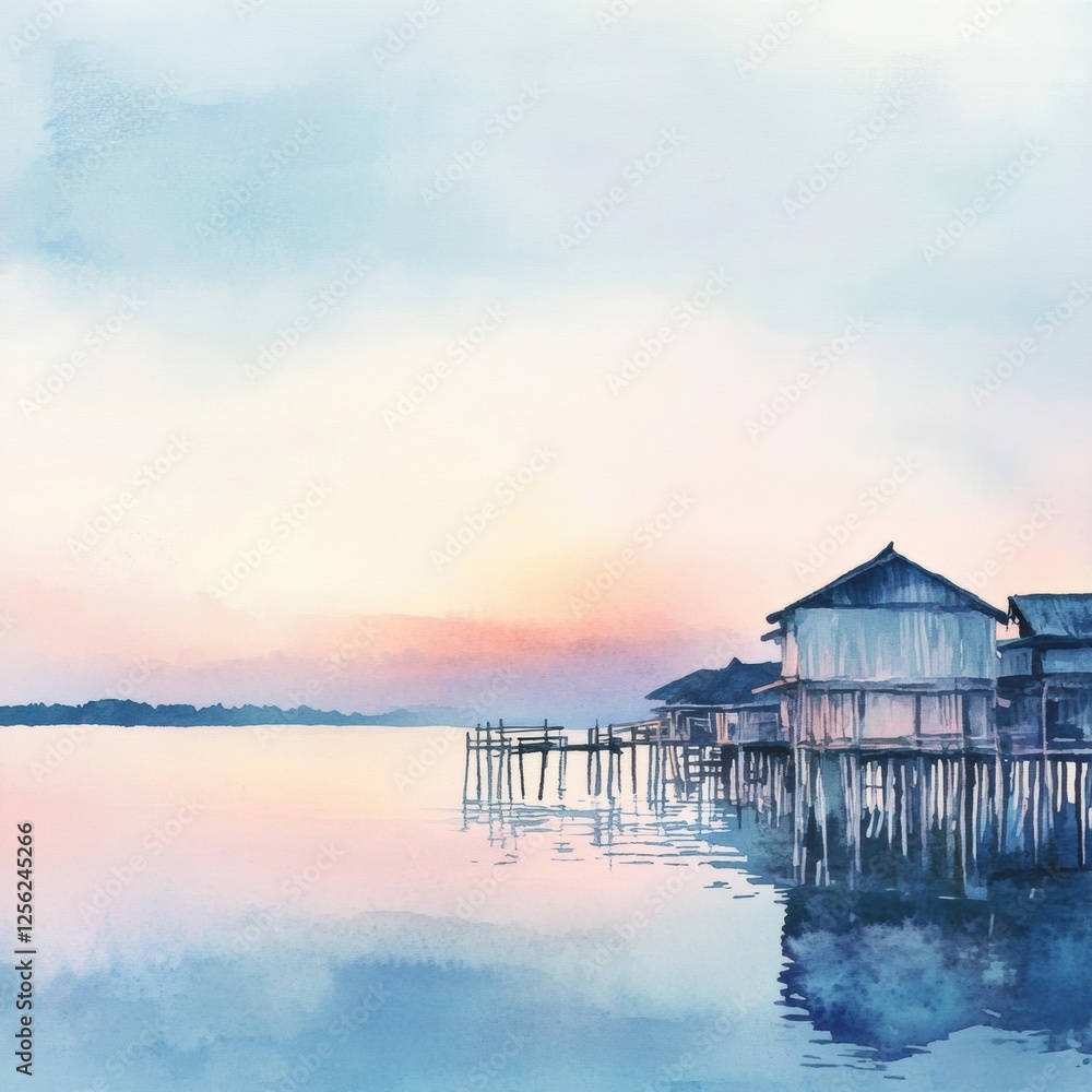 Soft watercolor illustration of a tranquil fishing village at sunset with wooden houses on stilts. Generative AI Soft watercolor illustration of a tranquil fishing village at sunset with wooden houses on stilts. Generative AI