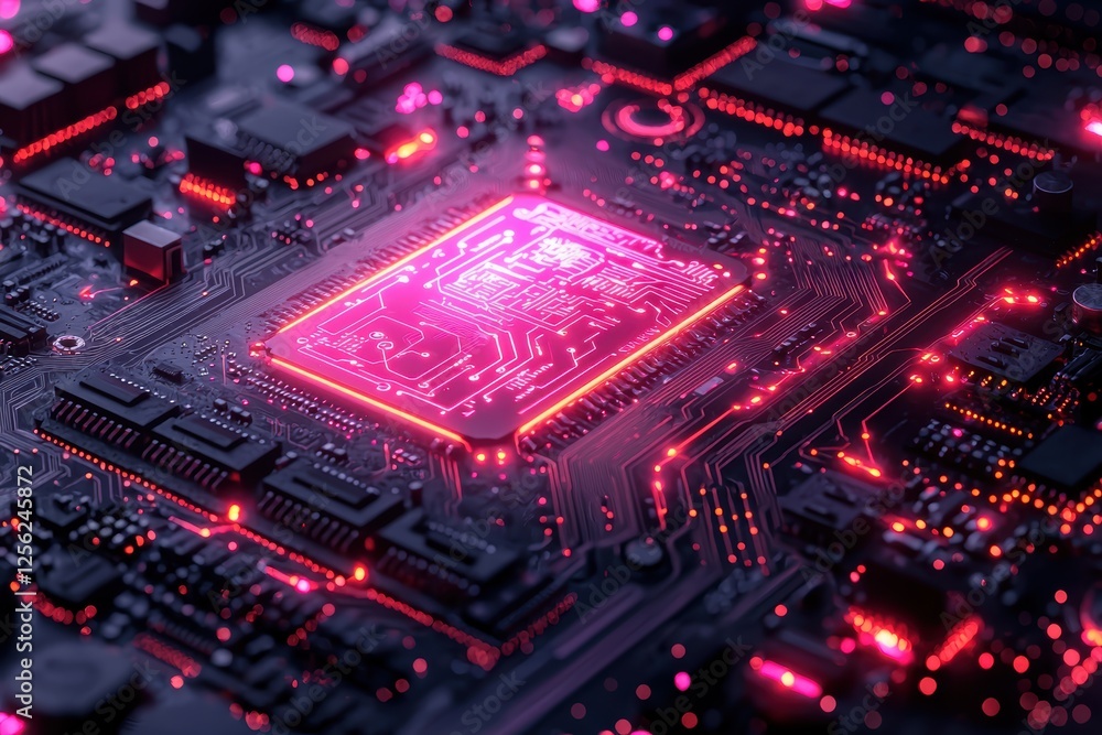Obraz premium Futuristic ai circuit board with interconnected glowing elements digital lab high fidelity design cyberpunk aesthetic