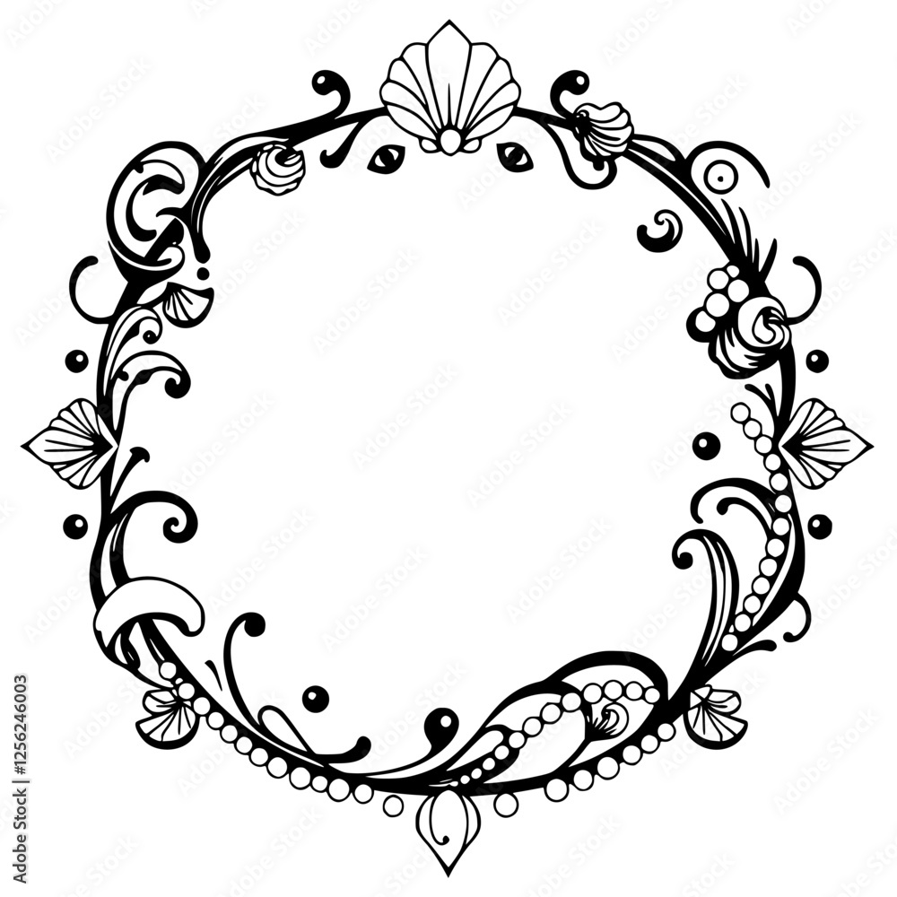 Ornate black and white circular frame decorated with seashells and pearl. Ornate black and white circular frame decorated with seashells and pearl.