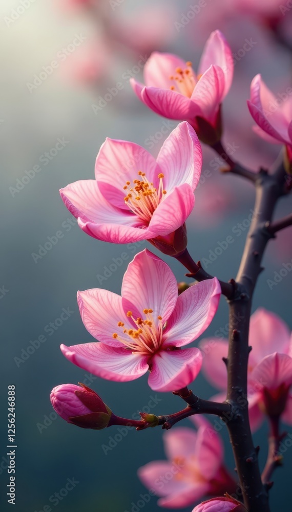 Obraz premium Delicate pink petals unfurl on slender branches, bloom, blossom, flowers