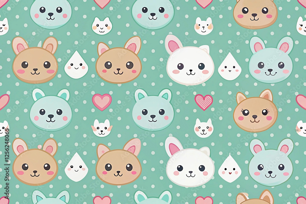 Cute animal faces pattern, pastel background, hearts, drops; kids' fabric Cute animal faces pattern, pastel background, hearts, drops; kids' fabric