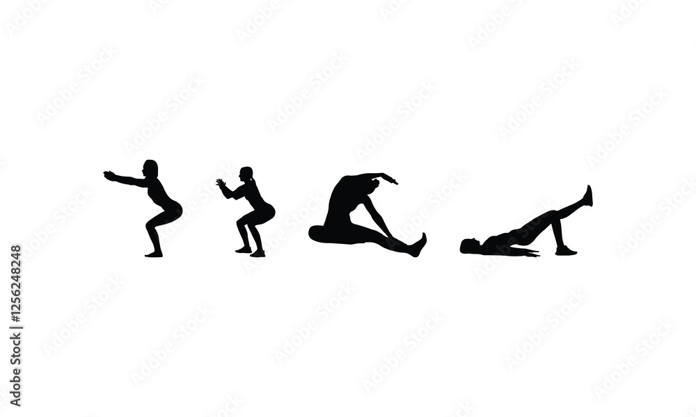 Set of Exercise Silhouette Characters in Active Workout Poses. Set of Exercise Silhouette Characters in Active Workout Poses.
