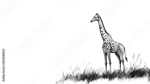 Giraffe in Grassy Savanna, Wildlife Artwork, Elegant Print photo