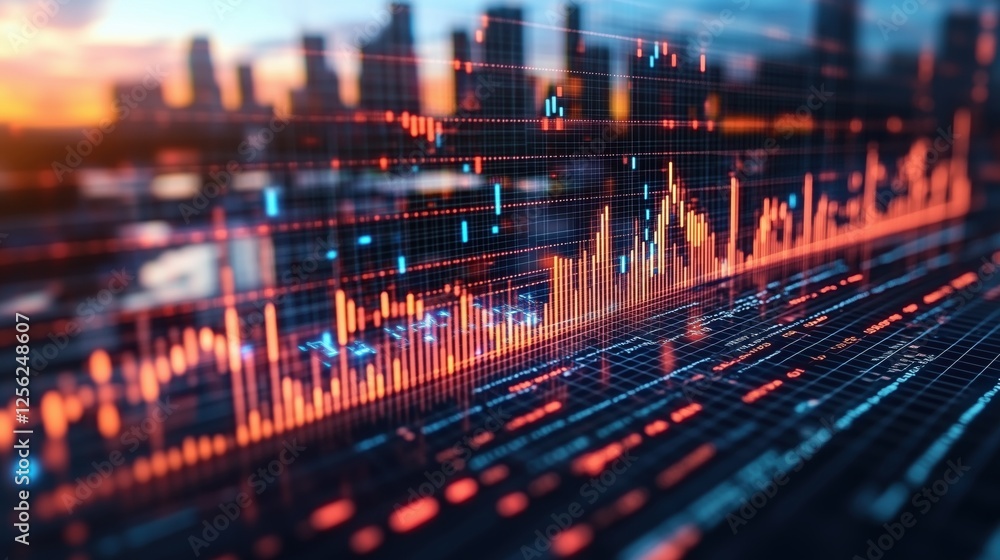 Futuristic AI powered stock exchange displays holographic charts in a bustling cityscape at sunset Futuristic AI powered stock exchange displays holographic charts in a bustling cityscape at sunset