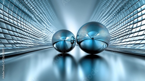 Two chrome spheres roll down futuristic tunnel