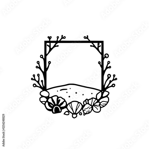 Square frame encircled by elegant vegetation with botanical flourishes. Contains seashells.