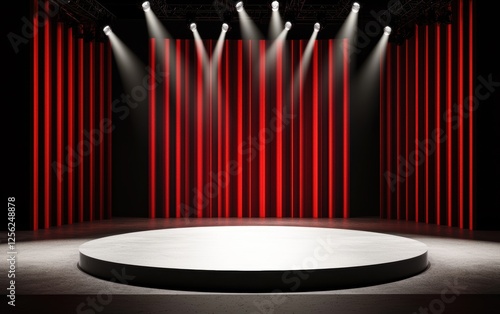 Stylish studio set with bold lighting and a central circular platform, designed for modern theater and multimedia shows