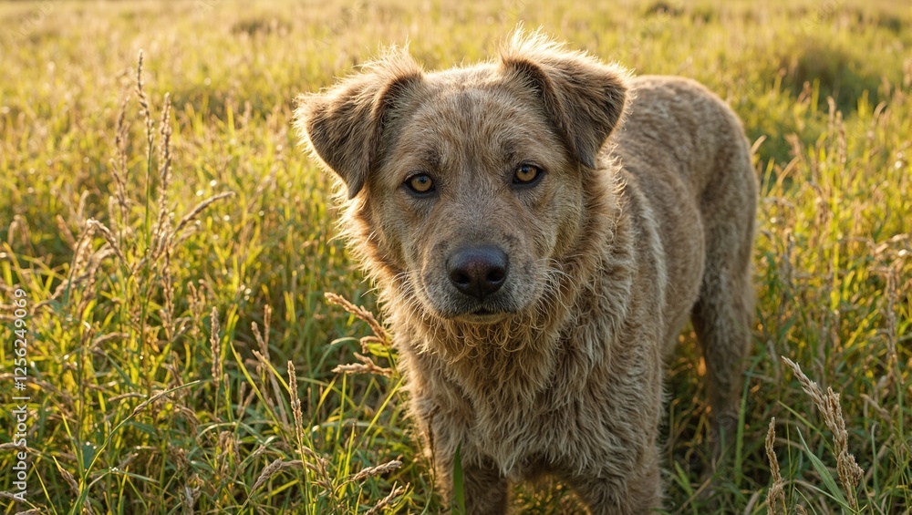 Lonely dog in sunlit field fur tangled looking forlorn blending natures beauty with neglects sorrow Lonely dog in sunlit field fur tangled looking forlorn blending natures beauty with neglects sorrow