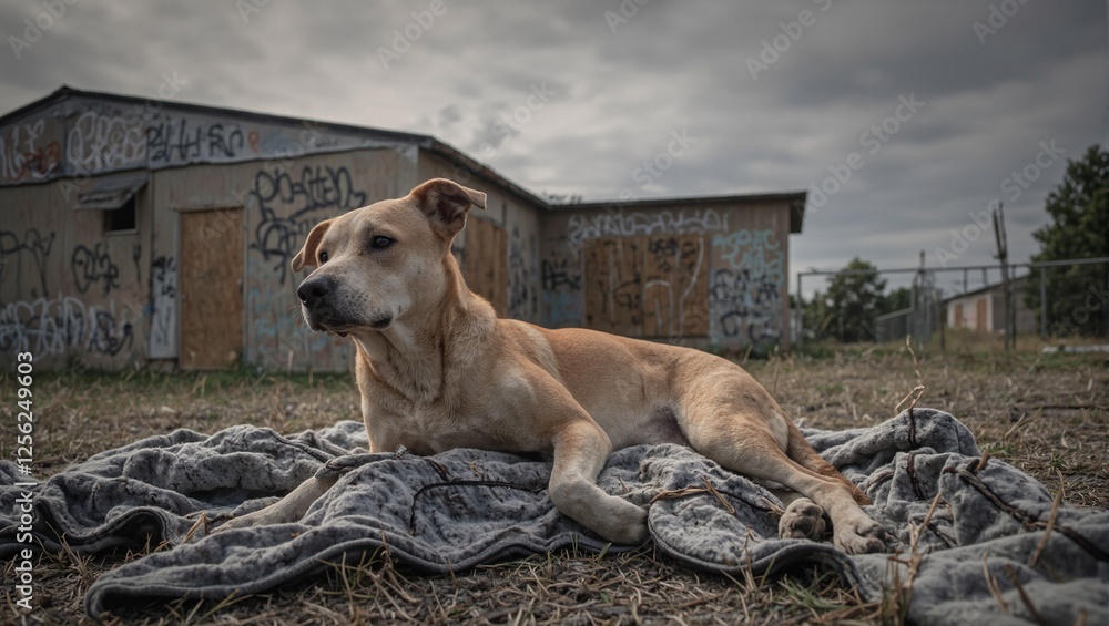 An exhausted dog rests on a tattered blanket outside an abandoned building amidst graffiti under a gloomy sky symbolizing loneliness and a chance for redemption An exhausted dog rests on a tattered blanket outside an abandoned building amidst graffiti under a gloomy sky symbolizing loneliness and a chance for redemption