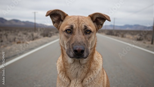 A poignant image of a lonely dog with teary eyes by a desolate road highlighting isolation and the importance of compassion photo