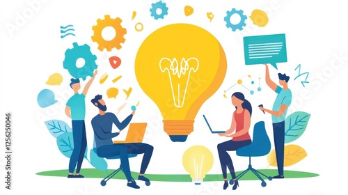 A group of people are collaborating and brainstorming around a large light bulb, symbolizing ideas and creativity. Various icons and symbols related to innovation and teamwork surround them, indicatin