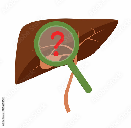 Liver with question mark isolated on white. Liver, magnifying glass, red question mark on it. Causes of liver diseases. Research and diagnosis of liver disease.