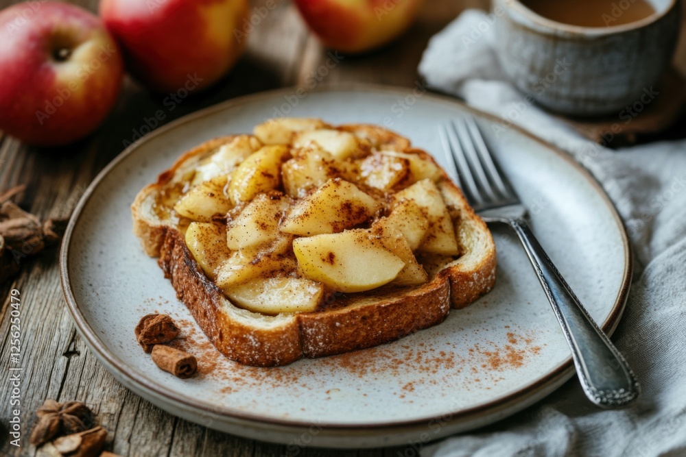 French toast with caramelized apple slices and cinnamon on a plate French toast with caramelized apple slices and cinnamon on a plate