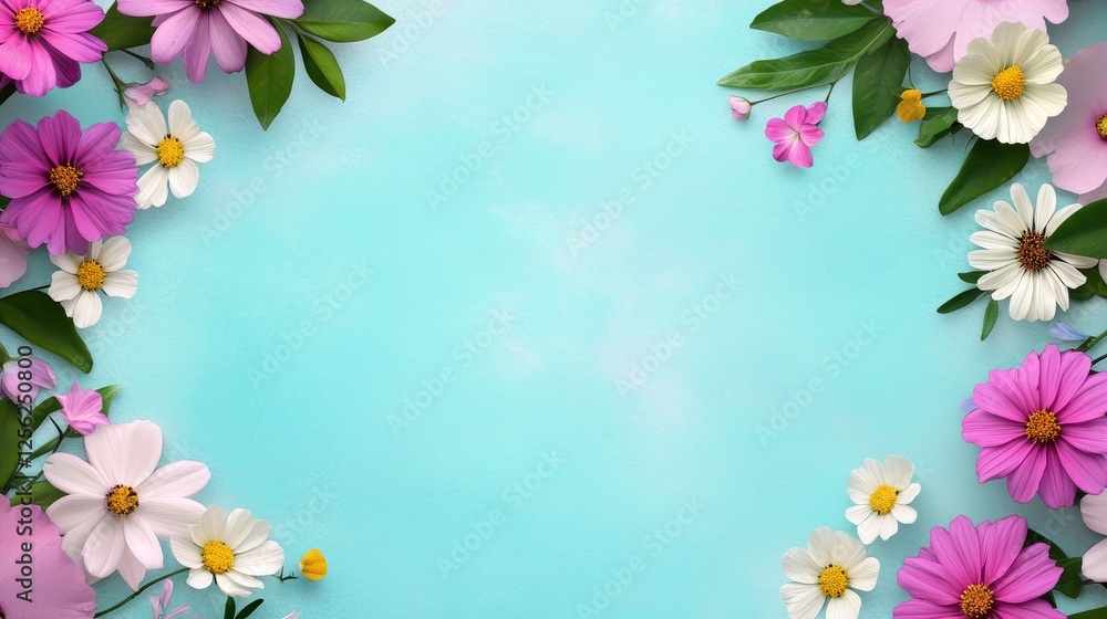 Blooming Cosmos and Daisies on Aqua - Floral spring border design. Symbolizes: freshness, new beginnings, growth, beauty, tranquility Blooming Cosmos and Daisies on Aqua - Floral spring border design. Symbolizes: freshness, new beginnings, growth, beauty, tranquility