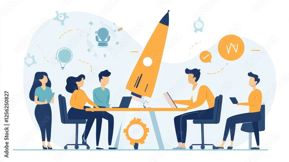 A group of people are collaborating and brainstorming around a large light bulb, symbolizing ideas and creativity. Various icons and symbols related to innovation and teamwork surround them, indicatin A group of people are collaborating and brainstorming around a large light bulb, symbolizing ideas and creativity. Various icons and symbols related to innovation and teamwork surround them, indicatin