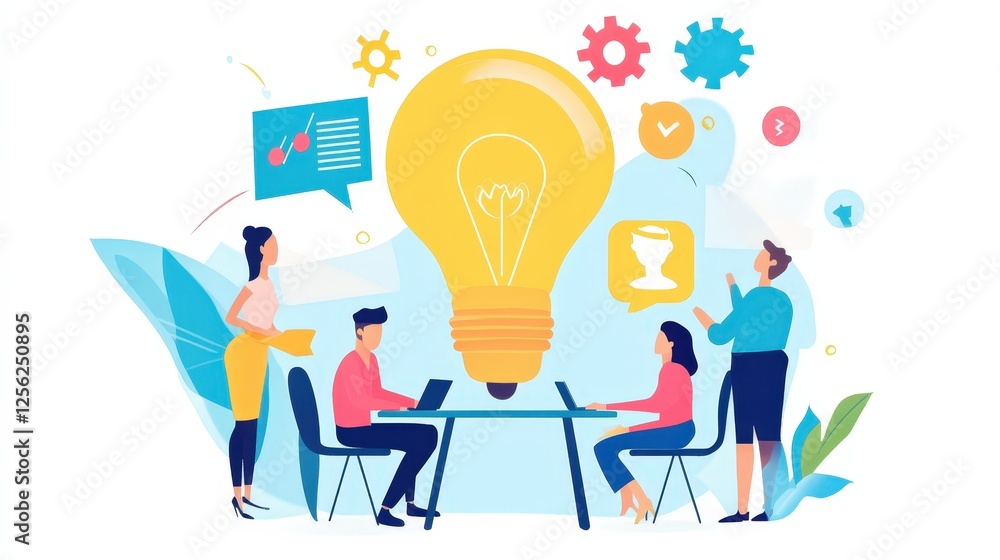 A group of people are collaborating and brainstorming around a large light bulb, symbolizing ideas and creativity. Various icons and symbols related to innovation and teamwork surround them, indicatin A group of people are collaborating and brainstorming around a large light bulb, symbolizing ideas and creativity. Various icons and symbols related to innovation and teamwork surround them, indicatin