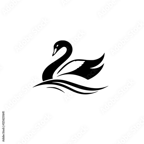 Black Swan Silhouette: A stylized, minimalist logo featuring a black swan gliding across a serene, simplified water surface against a white background.