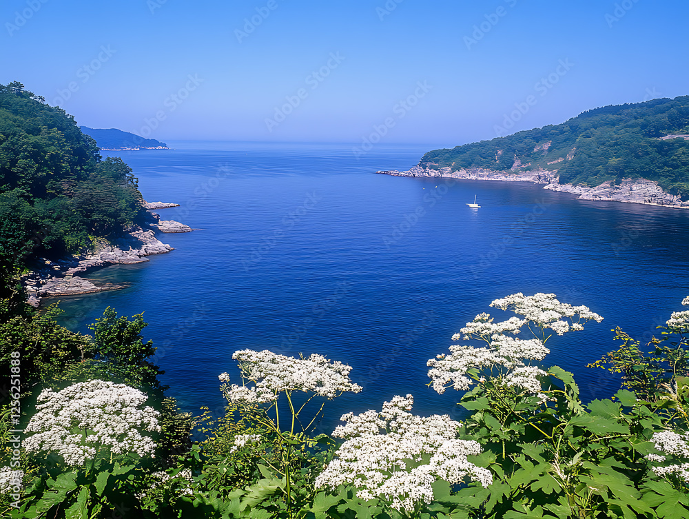 Fototapeta premium Serene Seascape: Blue Waves, Green Foliage, and Floral Beauty