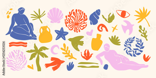 Abstract nature shapes. Organic floral minimalistic collage elements, modern botanical cut out silhouettes, creative fauvism naive plants woman body figure algae vase. Vector set