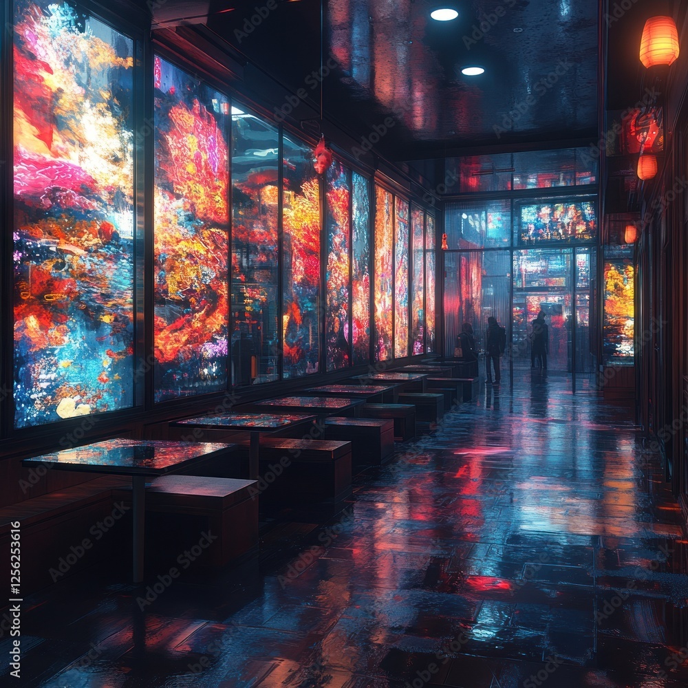 Night cafe alleyway, vibrant stained glass, city lights, people walking Night cafe alleyway, vibrant stained glass, city lights, people walking