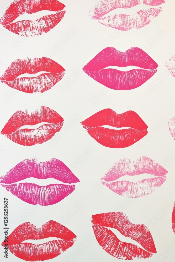 Colorful lip print pattern featuring vibrant red and pink lips on white background Colorful lip print pattern featuring vibrant red and pink lips on white background