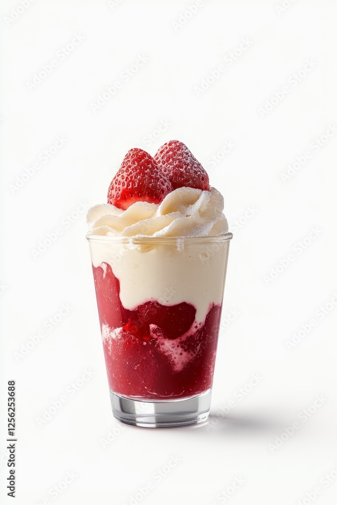 Delicious strawberry parfait with creamy layers in glass Delicious strawberry parfait with creamy layers in glass