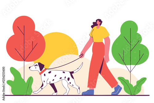 Young woman walks in a city park with her Dalmatian dog. Vector flat illustration