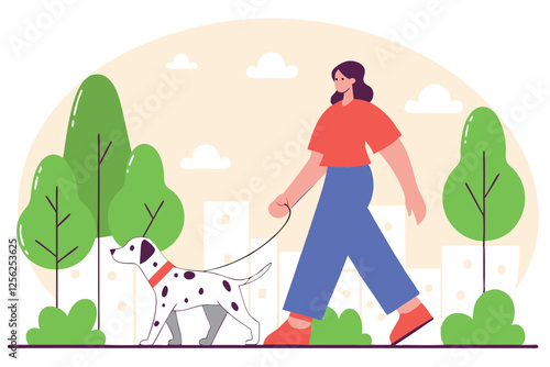 Young woman walks in a city park with her Dalmatian dog. Vector flat illustration