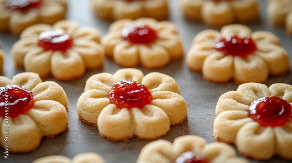Delicious flower-shaped cookies topped with strawberry jam on baking tray Delicious flower-shaped cookies topped with strawberry jam on baking tray