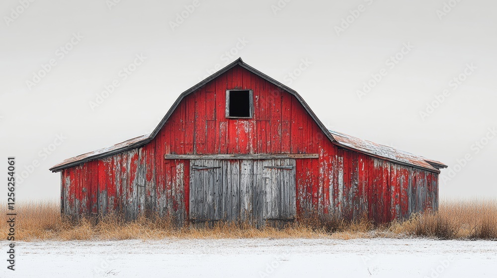 A rustic red barn stands amidst a snowy landscape, showcasing its weathered wooden texture and character. A serene depiction of rural architecture. A rustic red barn stands amidst a snowy landscape, showcasing its weathered wooden texture and character. A serene depiction of rural architecture.