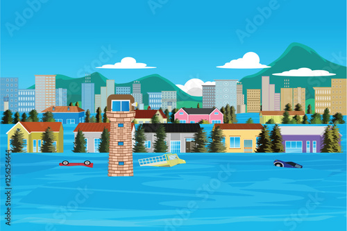 seaside town flooded or tsunami
