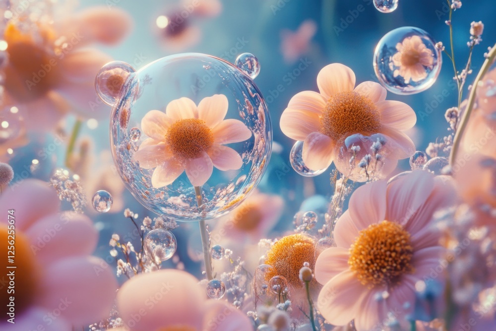 Delicate flowers bloom amidst bubbles in a colorful garden, showcasing nature's beauty and intricate details in a warm light Delicate flowers bloom amidst bubbles in a colorful garden, showcasing nature's beauty and intricate details in a warm light