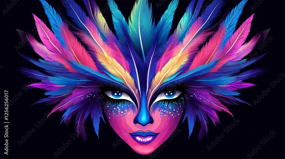 Colorful Feather Mask Fantasy - A vibrant illustration of a masquerade mask adorned with colorful feathers, creating a whimsical and festive mood Colorful Feather Mask Fantasy - A vibrant illustration of a masquerade mask adorned with colorful feathers, creating a whimsical and festive mood