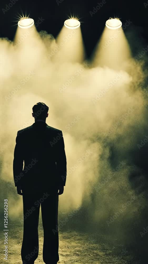 Mysterious figure stands in spotlight with fog creating an atmospheric ambiance during a theatrical performance Mysterious figure stands in spotlight with fog creating an atmospheric ambiance during a theatrical performance