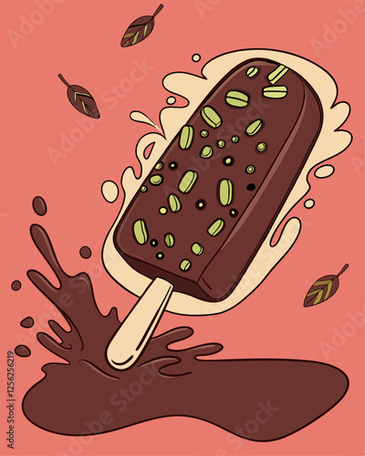 A delightful pixel art illustration showcases a chocolate ice cream bar, complete with a bite taken out of it, creating an alluring dessert depiction